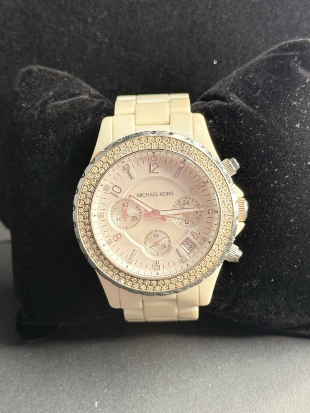 Michael Kors Cream Chronograph Watch with Crystal Bezel- Size 6